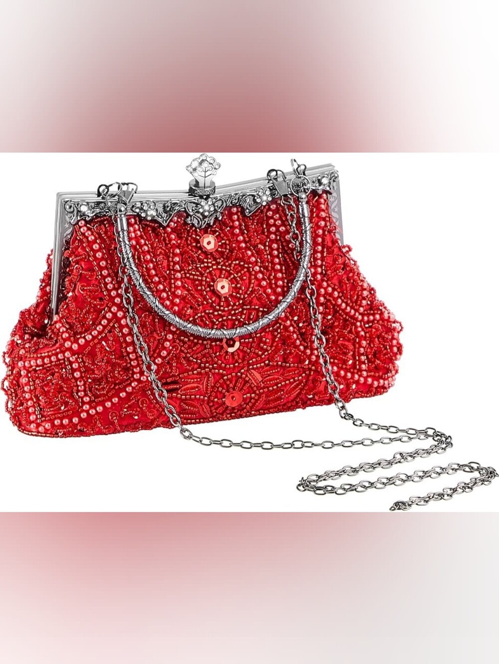 Luxe Vintage Inspired Red & Silver Beaded Evening Clutch Purse